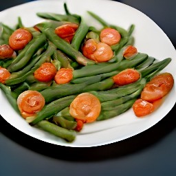 a platter of green beans and cherry tomatoes.