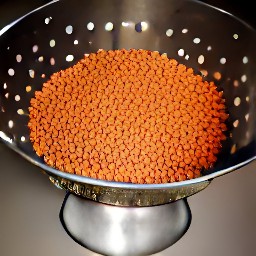 the can of red lentils is drained in the second colander.