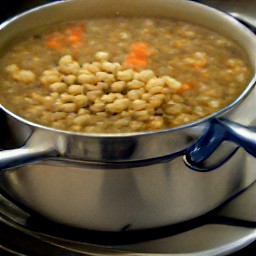 a soup containing lentils, pearled barley, chopped carrots, celery sticks, chopped onions, minced garlic, dried basil, dried oregano, dried thyme and bay leaves.