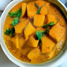 a dish containing fried onions, ginger, curry powder, allspice, diced tomatoes, water, coconut milk, thyme leaves, vegetable broth, sweet potato slices red bell pepper slices and cabbage.