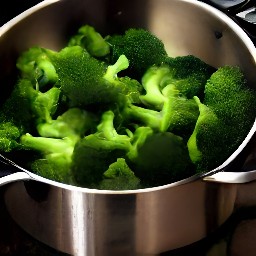 13 cups of water and half tsp of salt heated in a saucepan for 3 minutes, with broccoli florets added and cooked for 2 minutes before the heat is turned off.
