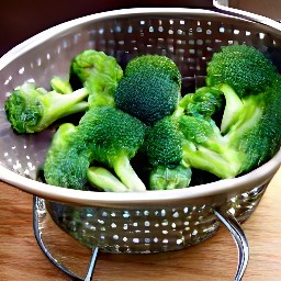 the cooked broccoli is transferred to the colander and rinsed with cold water.