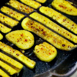 the zucchini and summer squash are transferred to the griddle pan and cooked over medium heat for 5 minutes.
