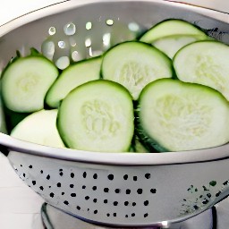 the cucumber slices are rinsed and drained in a colander.