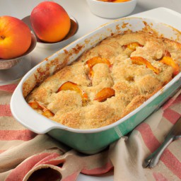 

Peach Cobbler is a delicious egg- and soy-free dessert made of butter, granulated sugar, all purpose flour, whole milk, peaches, brown sugar and pecans.