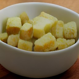 a bowl of bread cubes and melted butter that are mixed together with olive oil, onion powder, garlic powder, salt, and black pepper.