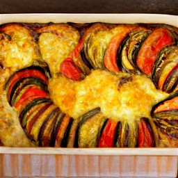 a ratatouille dish with a parmesan yogurt mixture and thyme leaves.