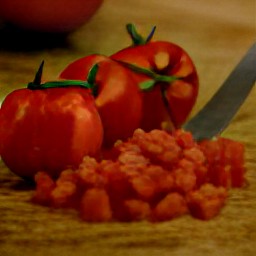 after peeling and chopping the onion, peeling and mincing the garlic, slicing the shiitake mushrooms, and dicing the tomatoes, there should be a pile of chopped vegetables.