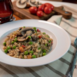 

Barley risotto is a delicious, gluten-free European side dish made with shiitake mushrooms, barley, white wine, vegetable broth, tomatoes and frozen peas topped with romano cheese.