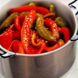 a mixture of white vinegar, granulated sugar, jalapeno peppers, garlic, and red bell pepper strips.