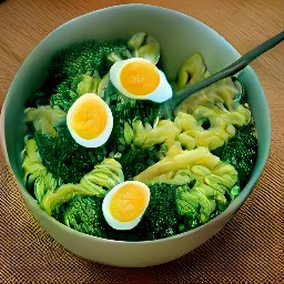 a bowl of pasta with ginger and canola oil, halved eggs, miso, and sunflower seeds on top.