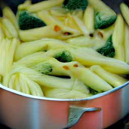 a pasta dish with wholemeal penne, broccoli florets, and green beans.