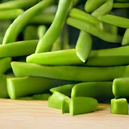 the trimmed green beans are cut in half.