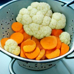 a pot of cooked vegetables.
