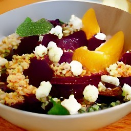 a mixture of bulgur, chopped oranges, orange zest, orange juice, garlic, cider vinegar, spearmint, spring onions, walnuts and black olives with beets and feta cheese.