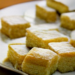 the cake pieces are transferred to a plate.