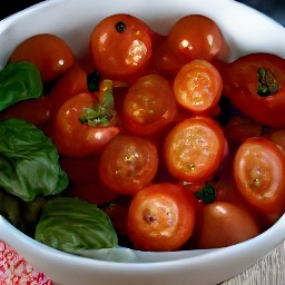 a bowl of cherry tomato halves, basil, oregano, garlic, oil, salt and pepper that are mixed together.