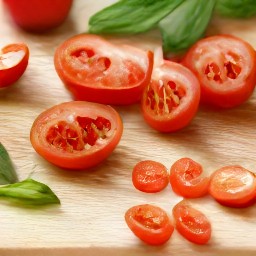 cherry tomatoes that are cut in half, chopped basil and oregano, and peeled and minced garlic.