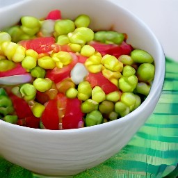 a bowl of edamame, corn, bell pepper, red onions, scallions, parsley and basil.