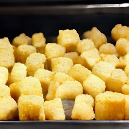 the bread cubes are transferred to the baking sheet and put in the oven for 12 minutes.