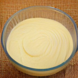 a batter made from purpose flour, granulated sugar, baking powder, beaten eggs, whole milk, vanilla extract and 3 tablespoons of butter.