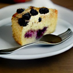 a cake that is greased with butter, has batter spread with sugared blackberries, and is baked for 30 minutes.