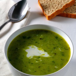 

This European-style dinner soup is a healthy and eggs/nuts-free recipe made with cucumbers, lettuce, frozen peas, and rye bread.