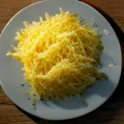 the grated gouda cheese is transferred to a plate.
