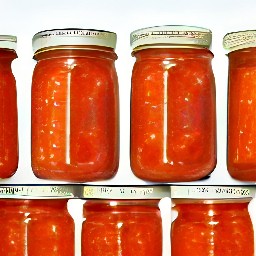 equal amounts of tomato salsa in jars, covered with lids.
