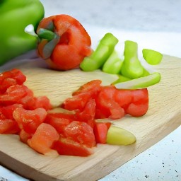you will have chopped tomatoes, jalapeno peppers, green bell peppers, and peeled and chopped onions.