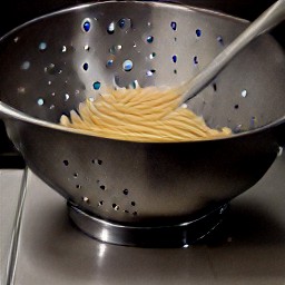 the cooked linguine pasta is drained in a colander.