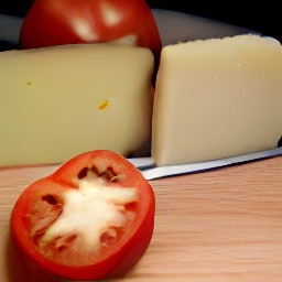 a tomato that is cut and sliced provolone cheese.