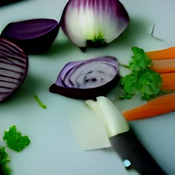 a bowl of sliced red onions, shiitake mushrooms, cabbage and carrots, garlic sprouts and cilantro.