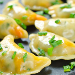 

Veggie dumplings are a delicious, lactose and nut free lunch filled with red onions, shiitake mushrooms, carrots, garlic sprouts and potatoes.