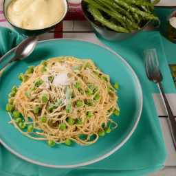 

Pasta Primavera is a delicious and nutritious lunch made of fava beans, asparagus tips, peas, spaghetti, baby leeks and creamy parmesan cheese - all completely nuts-free and soy-free.