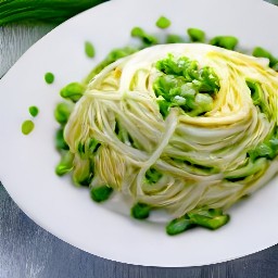 the pasta primavera is transferred to a plate.