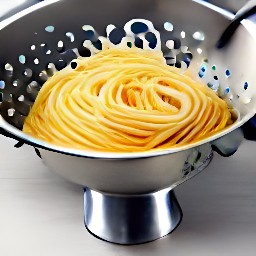 the spaghetti is cooked for 8 minutes with a lid on the saucepan, then the heat is turned off and the lid removed. the spaghetti is drained in a colander.