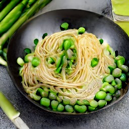 the spaghetti is transferred to the sauce in the frying pan.