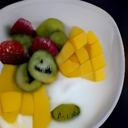 there are four servings of fruit salad, two with grapes and strawberries and kiwis mixed together, and the other two with mangoes. each serving has a different type of yogurt, either honey or regular.