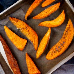 a baking pan with cooking spray, wedged sweet potatoes, and a brush with the margarine mixture.