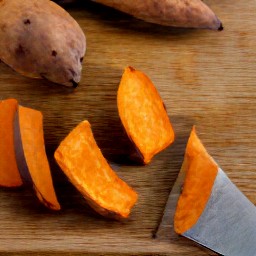 the sweet potatoes are cut into wedges.