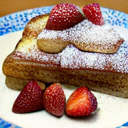 a plate of french toast with powdered sugar, strawberries, and maple syrup.