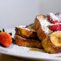 

Banana stuffed french toast is a delicious, nutritious nuts-free breakfast, brunch, snack or dessert made with whole wheat bread and low-fat milk filled with sweet bananas and topped with strawberries and maple syrup.