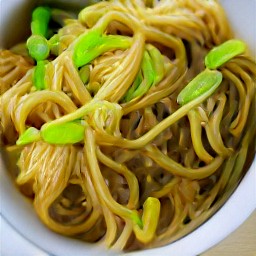 a bowl of noodles mixed with a sauce mixture.
