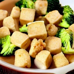 a dish of stir-fried broccoli, peanuts, and tofu in a soy sauce peanut sauce.