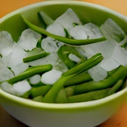 a bowl of green beans and ice cubes in water.