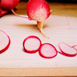 the radishes are trimmed and sliced thinly.