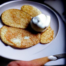 a plate of potato pancakes with a drizzle of sour cream on top.