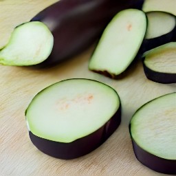 the eggplant has been destalked and cut into round pieces.