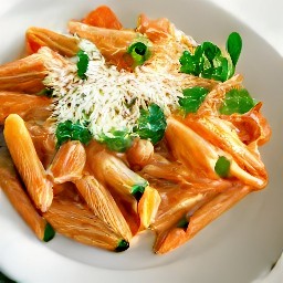 a serving platter with penne pasta and tomato cream sauce.